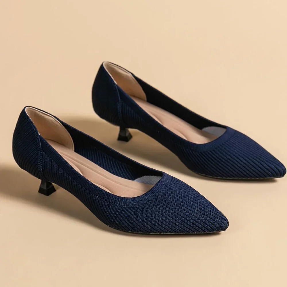 Women's  Navy Blue Kitten Heels Pumps Comfortable Knit Closed Toe Heels Casual - Picture 3 of 5